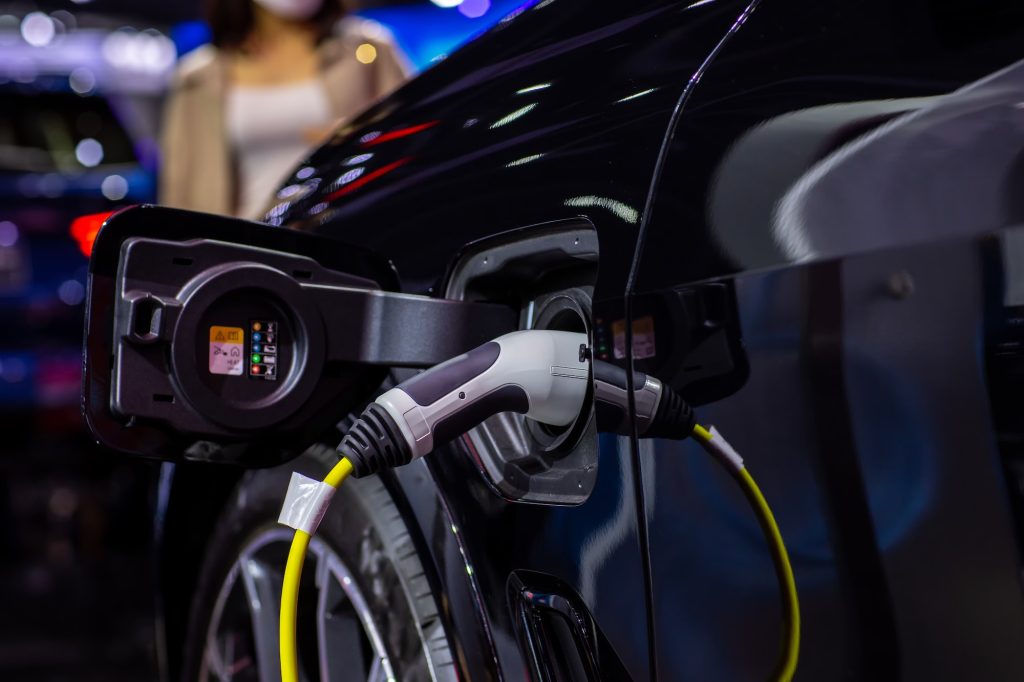 Electric car charging station. Hybrid car Electric charger station in the Car Park.